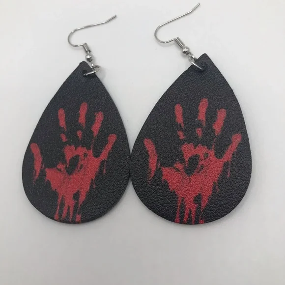 Bloody Handprint Vegan Leather Teardrop Earrings - Picture 3 of 4